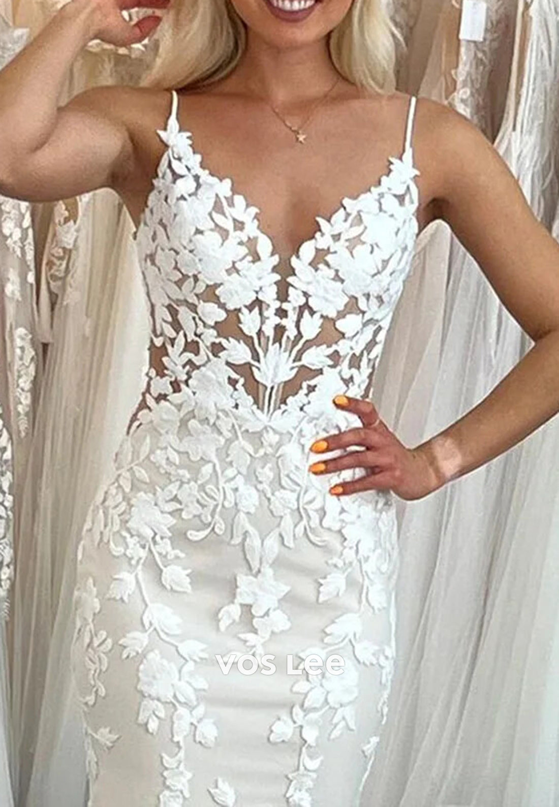 Spaghetti Straps V Neck Appliques Lace Mermaid Wedding Dresses