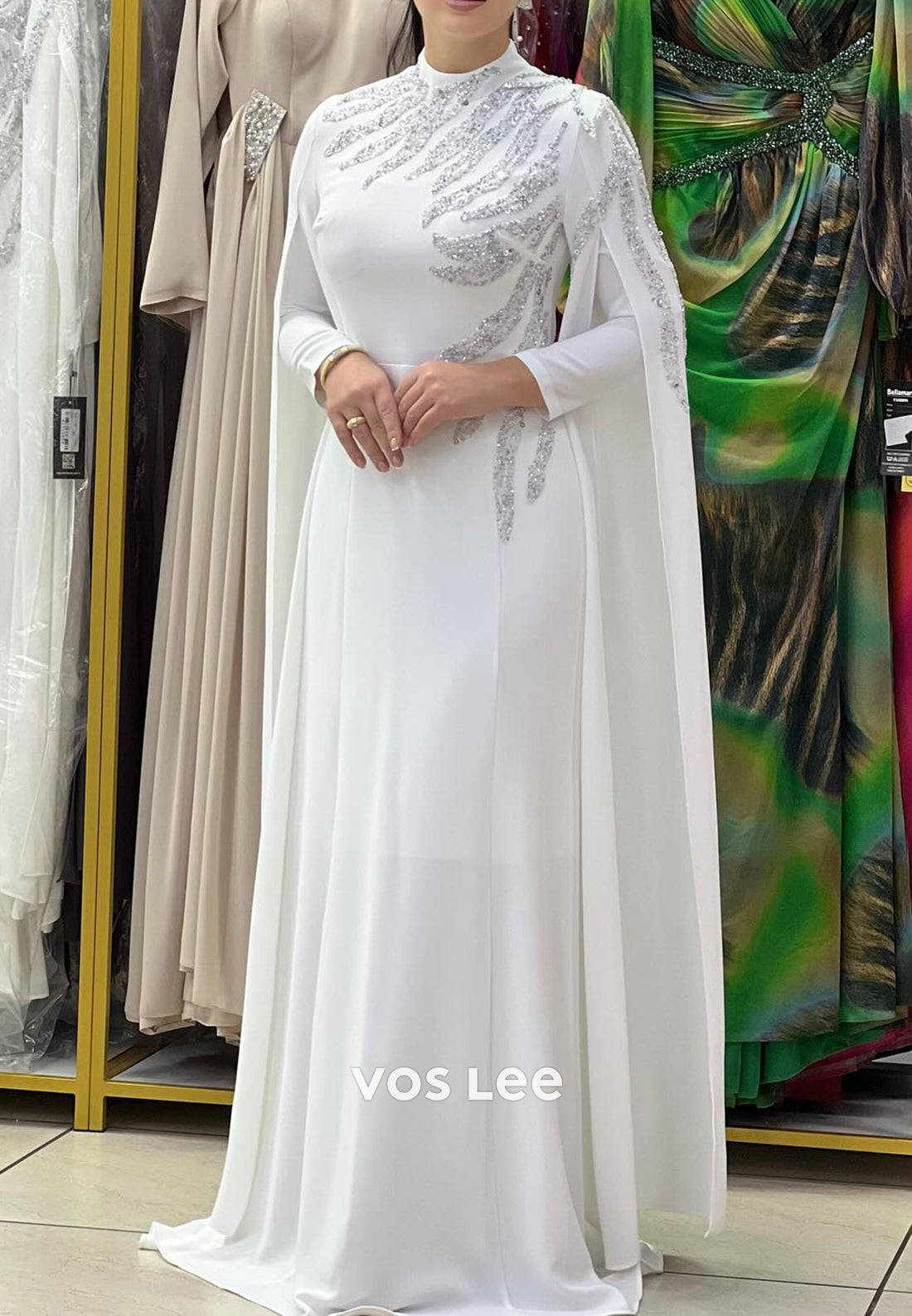 Long Sleeve Scoop Beaded Embellished Floor-Length Sheath Evening Dresses