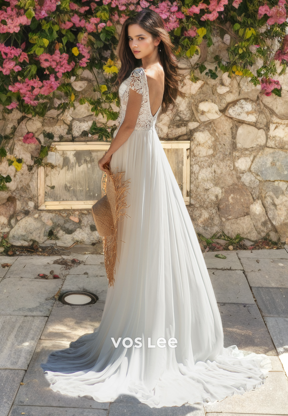 A-Line V-Neck Short Sleeves Chiffon Wedding Dress with High Slit and Appliques
