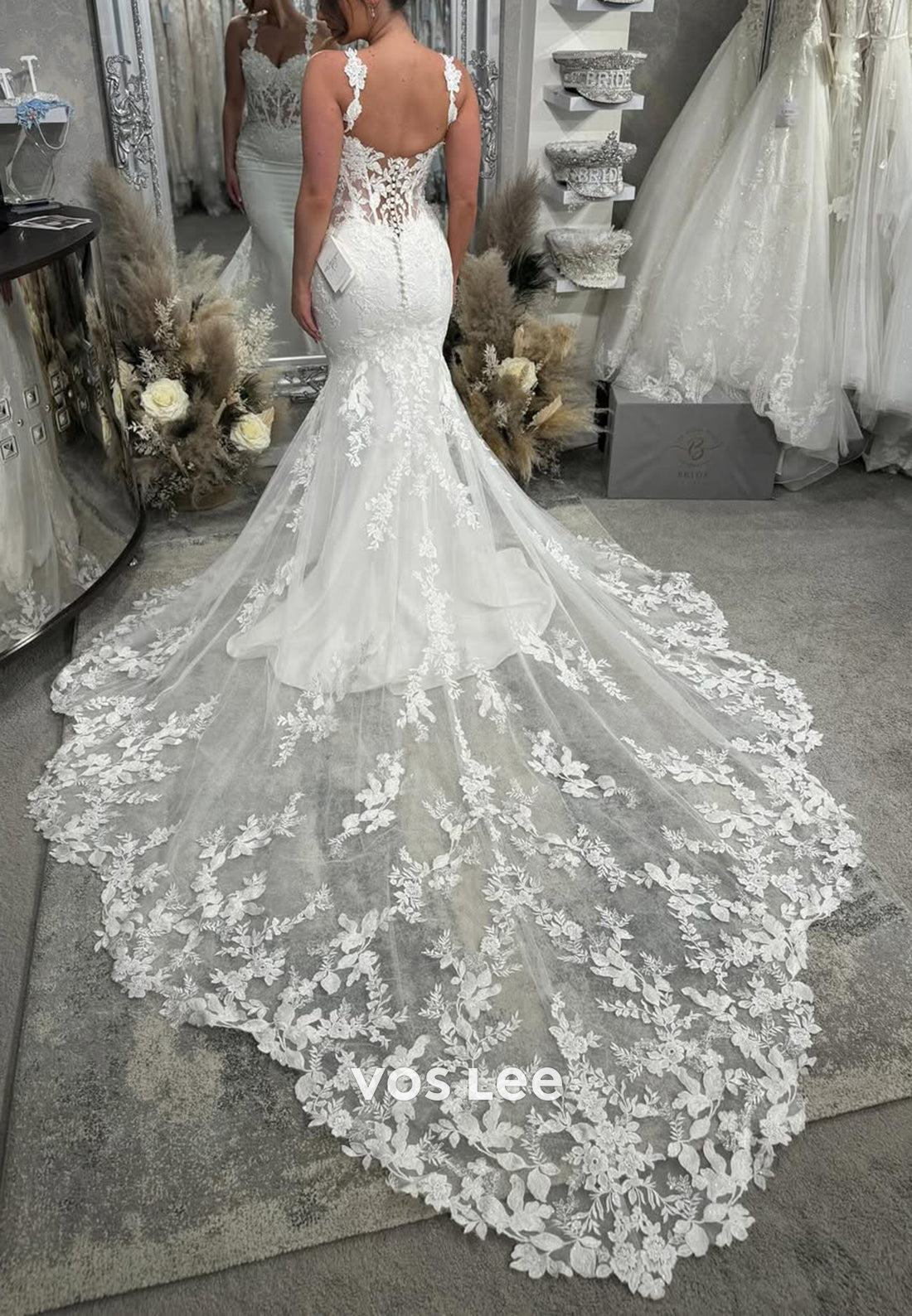 Flowers Spaghetti Straps Sweetheart Appliques Lace Mermaid Wedding Dresses