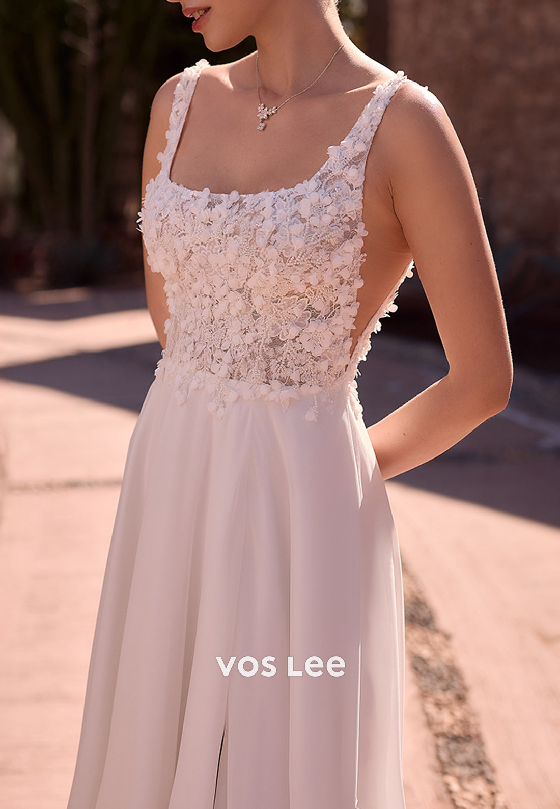 A-Line Spaghetti Straps Square Appliques Lace Pleated Wedding Dresses with High Split