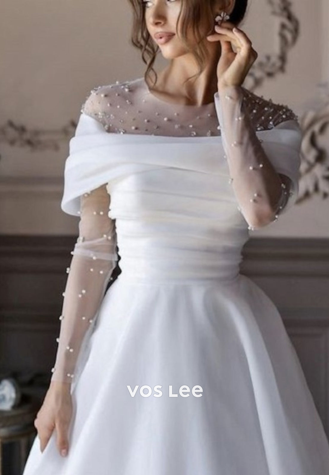A-Line Long Sleeve Off the Shoulder Rhinestone Wedding Dresses with Court Train