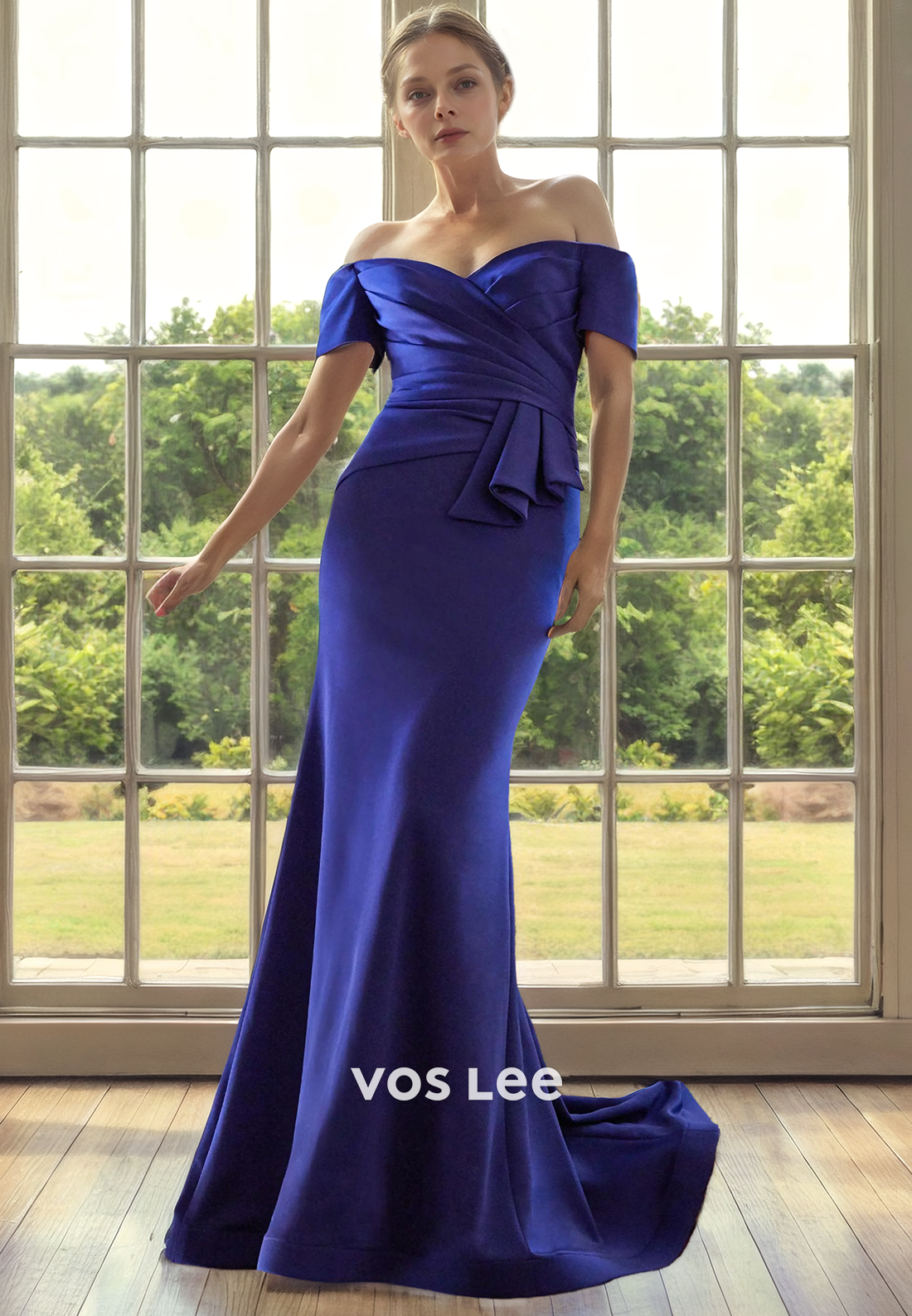 Trumpet/Meraid Off-shoulder Sweep Train Satin Mother of the Bride Dress/Cocktail Dress with Crystal
