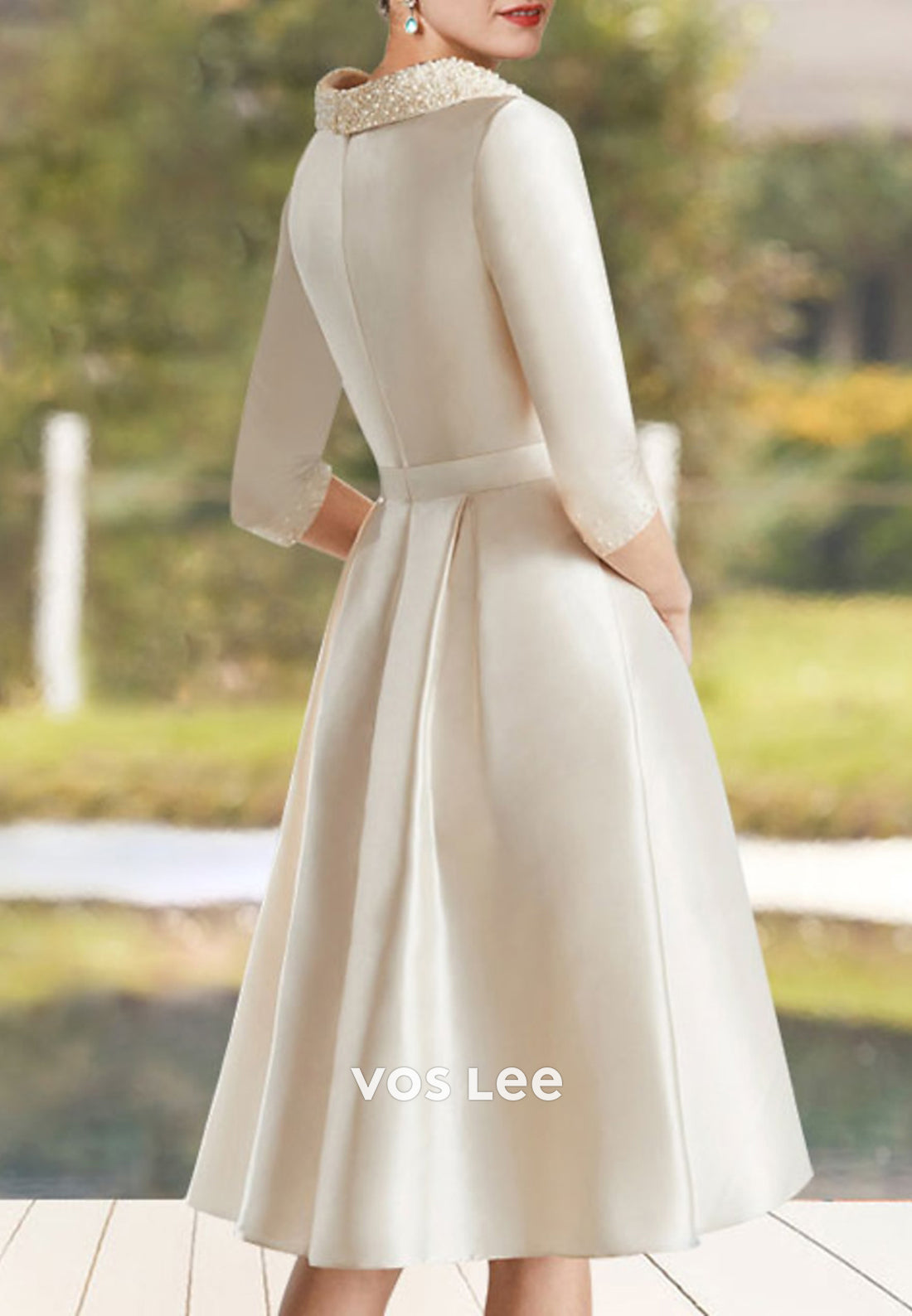 A-Line 3/4 Sleeve Scoop Pearl Embellished Tea-Length Mother of Bride Dresses