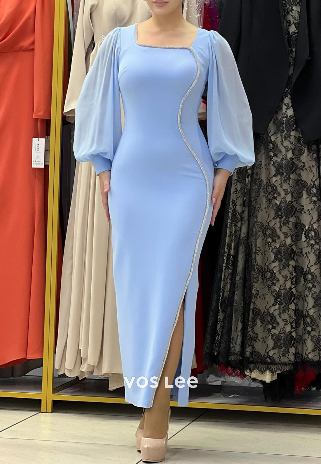 Long Sleeve Square Ankle-Length Mermaid Evening Dresses with Side Split