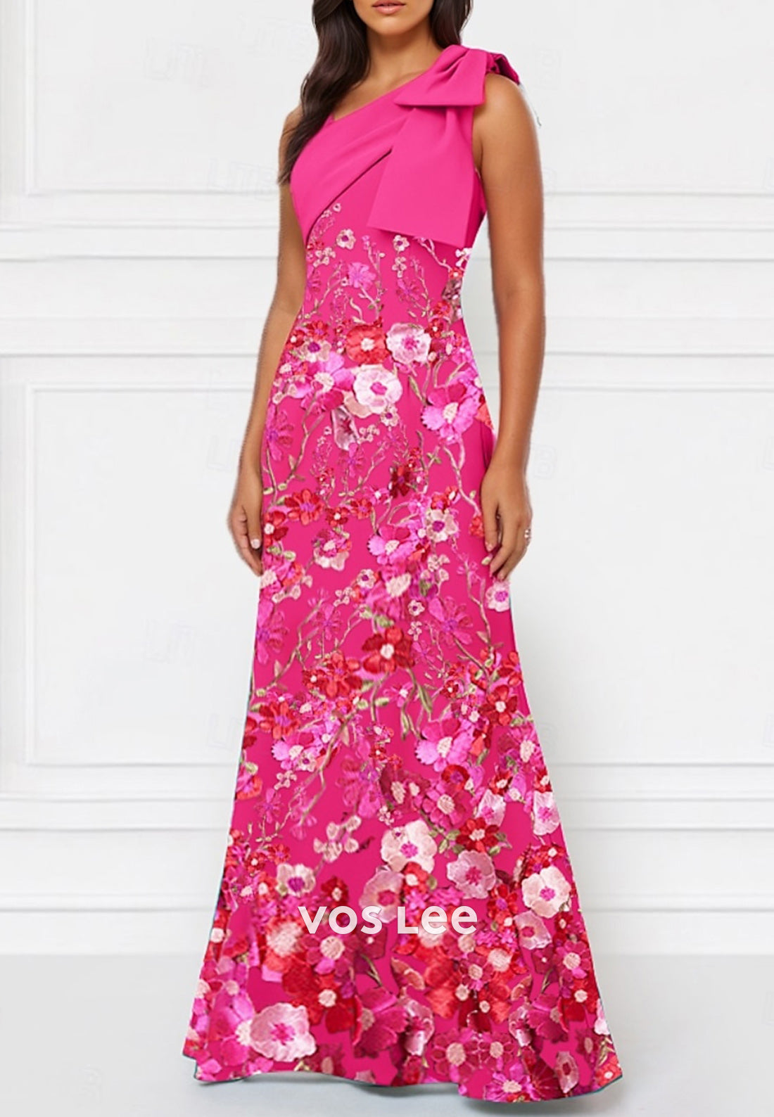 one Shoulder Bowknot Floor-Length Floral Embossed Pleated Sheath Mother of Bride Dresses