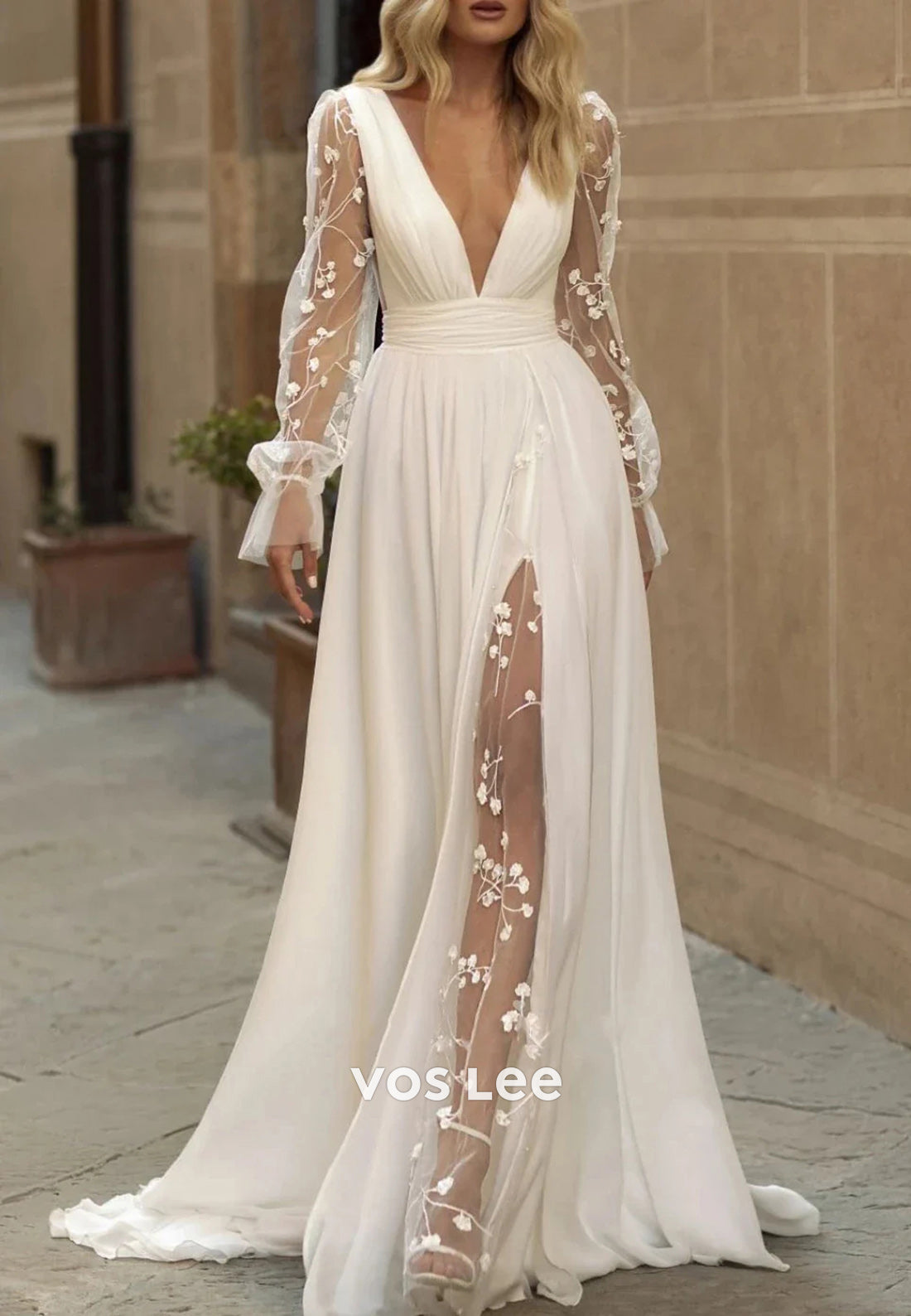 A-Line Long Sleeve Plunging V-Neck Illusion Split Beach Wedding Dresses with Sweep Train