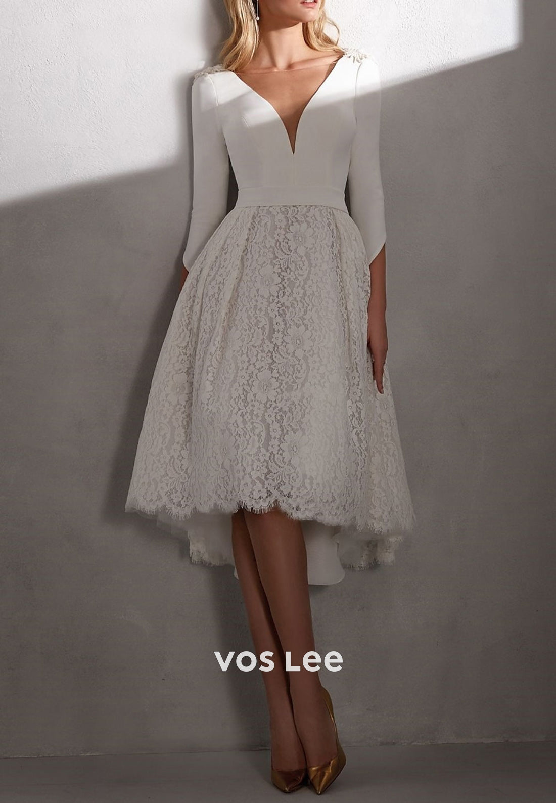A-Line 3/4 Sleeve Plunging V-Neck Appliques Lace Tea-Length Beach Wedding Dresses