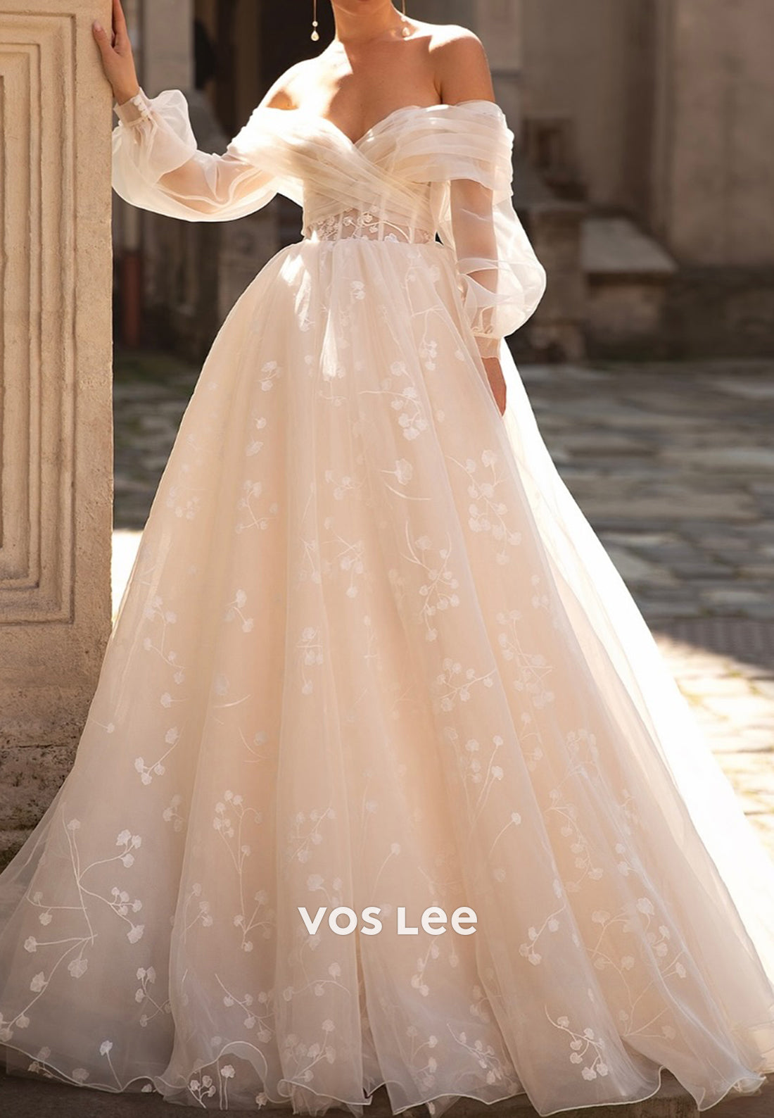 Long Sleeve Off the Shoulder Appliqued Wedding Dresses with Cathedral Train