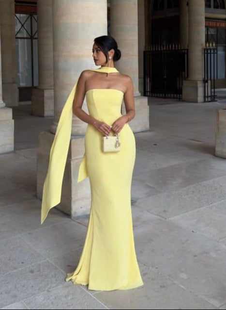 Strapless Floor Length Mermaid Evening Dress Yellow Formal Evening Dress
