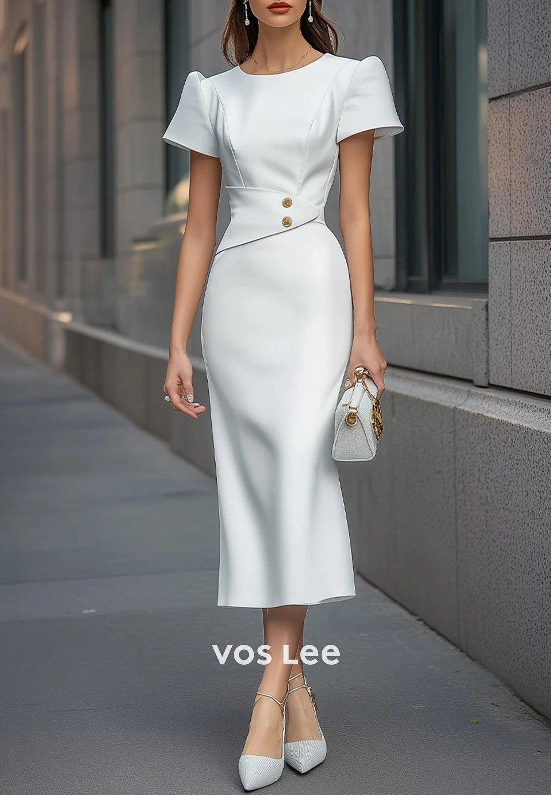 Simple & Casual Short Sleeve Scoop Tea-Length Ruched Mermaid Wedding Guest Dresses