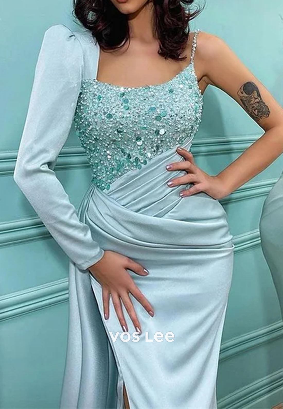 Sequins One Shoulder Elegant Long Sleeve Mermaid Prom Dress With Split