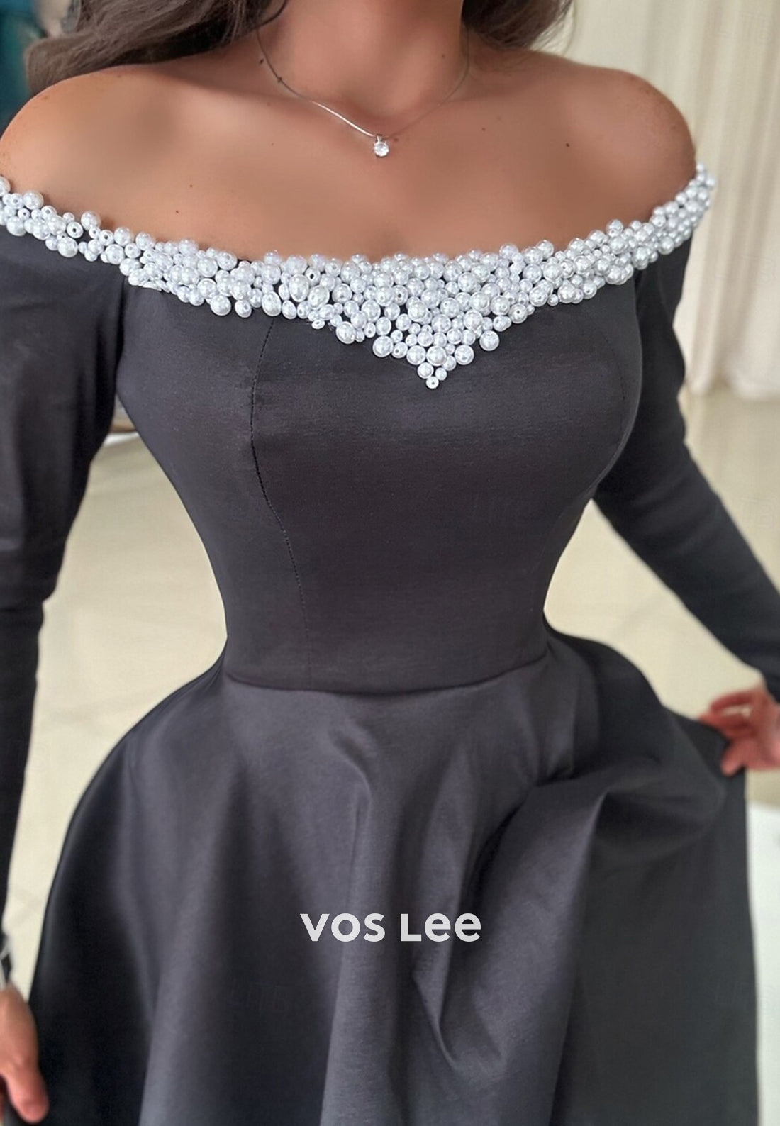 A-Line Long Sleeve Off the Shoulder Pearl Embellished Evening Dresses with Court Train