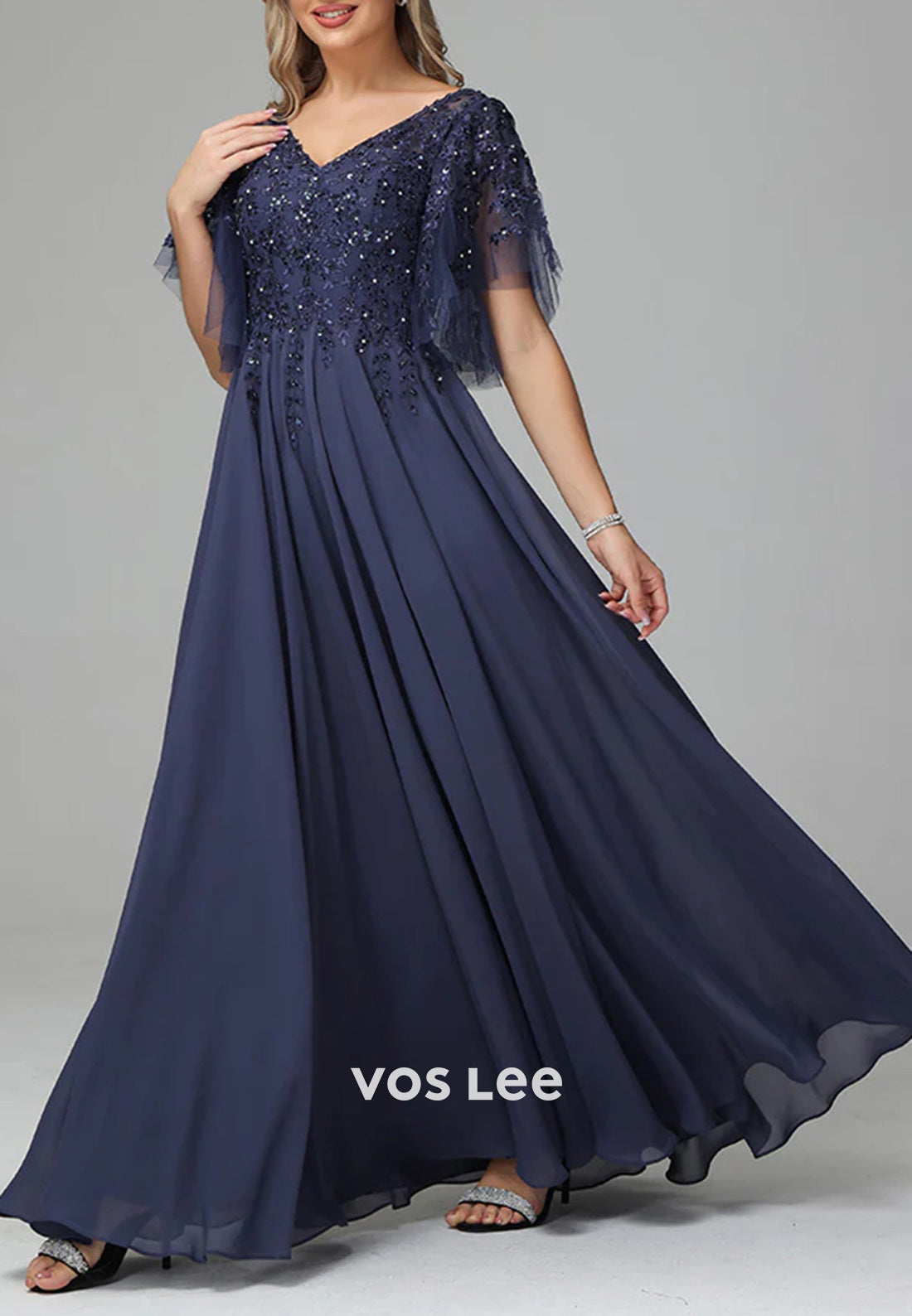 A-Line V Neck Beading Appliques Lace Floor-Length Pleated Mother of Bride Dresses