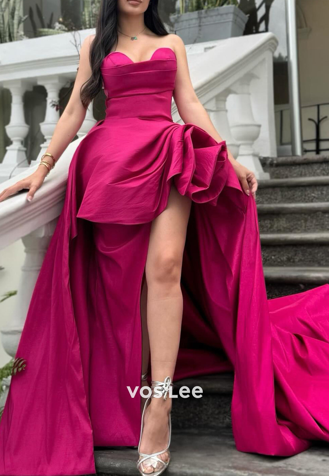 A-Line High Low Sweetheart Pleated Sexy Evening Dresses with Court Train