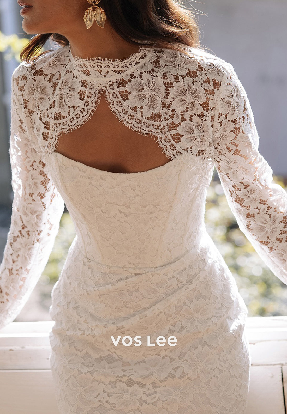 Long Sleeve High Neck Pleated Lace Mermaid Wedding Dresses with Sweep Train