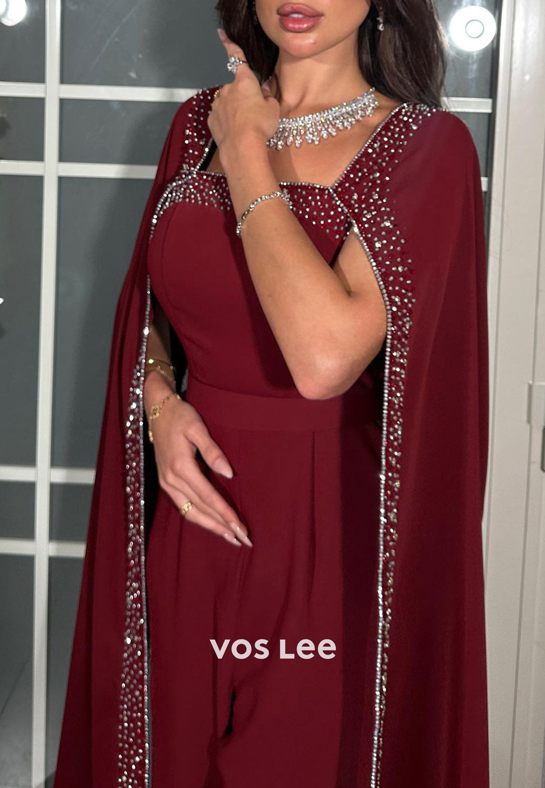 Burgundy Square Rhinestone Beading Pleated Jumpsuit