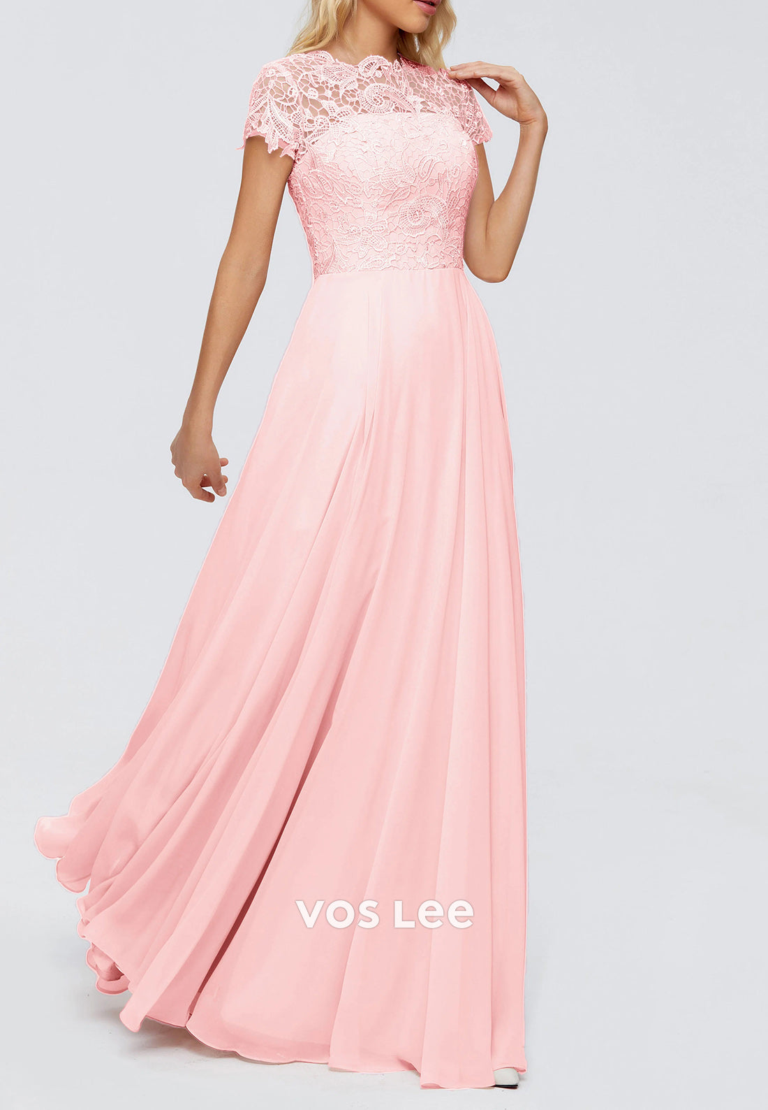 A-Line Short Sleeve Illusion Neck Appliqued Floor-Length Pleated Mother of Bride Dresses