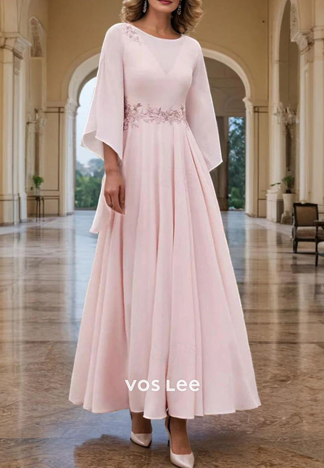A-Line Flutter Sleeves V Back Ankle-Length Appliqued Embellished Mother of Bride Dresse