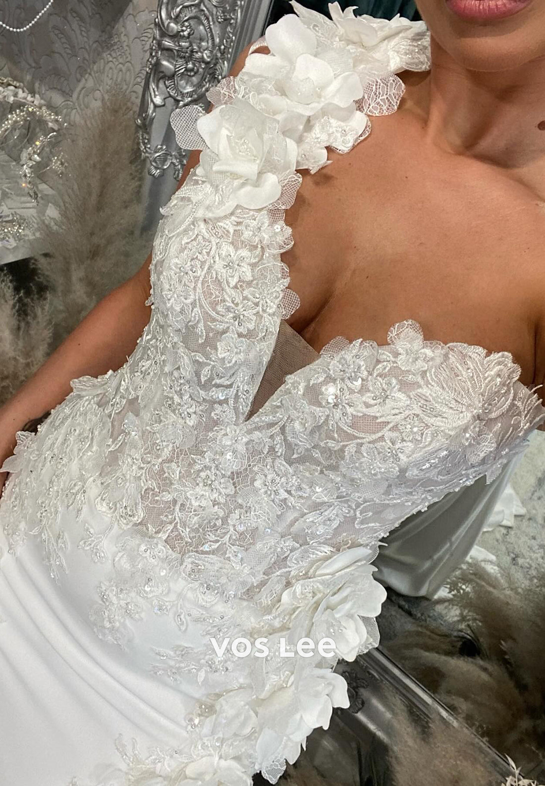 One Shoulder Appliques Lace Beach Mermaid Wedding Dresses with Side Split