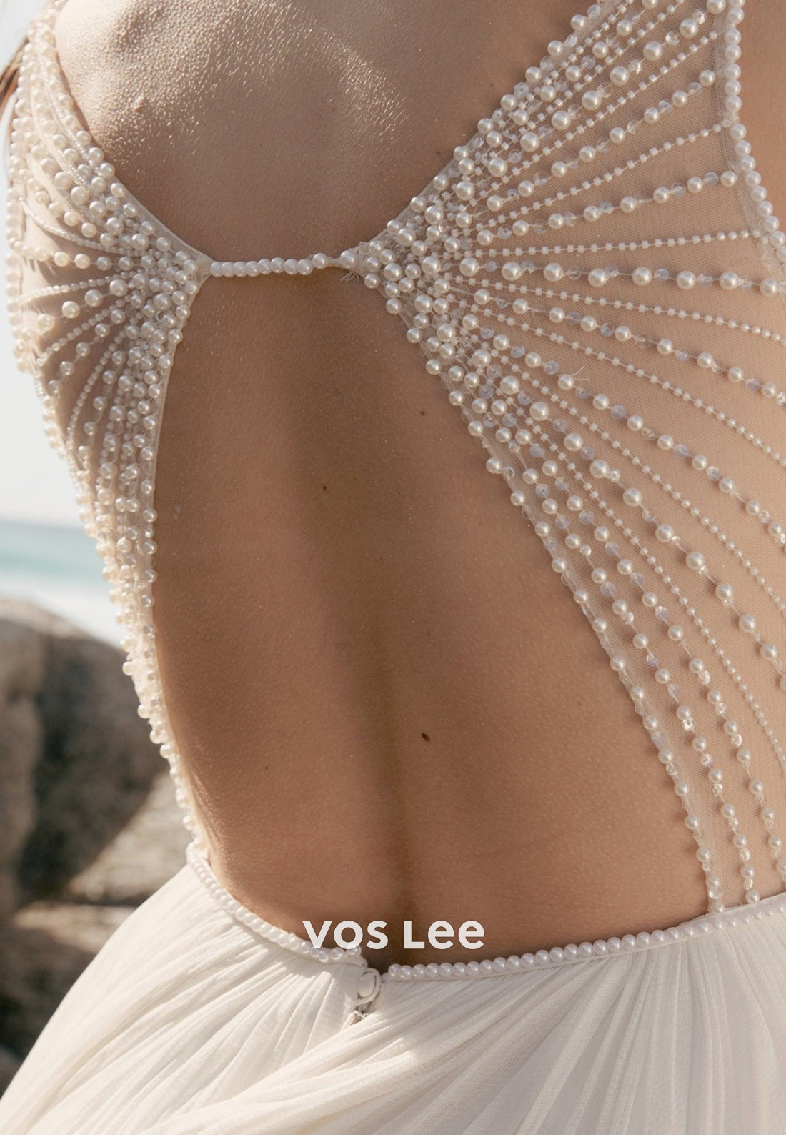 Simple & Casual A-Line Spaghetti Straps V Neck Pearls Pleated Beach Wedding Dresses