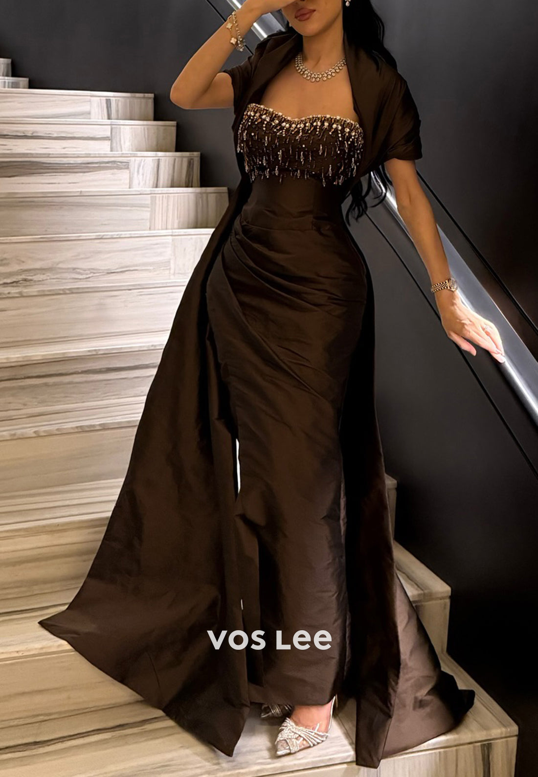 Short Sleeve Sweetheart Rhinestone Embellished Pleated Mermaid Evening Dresses