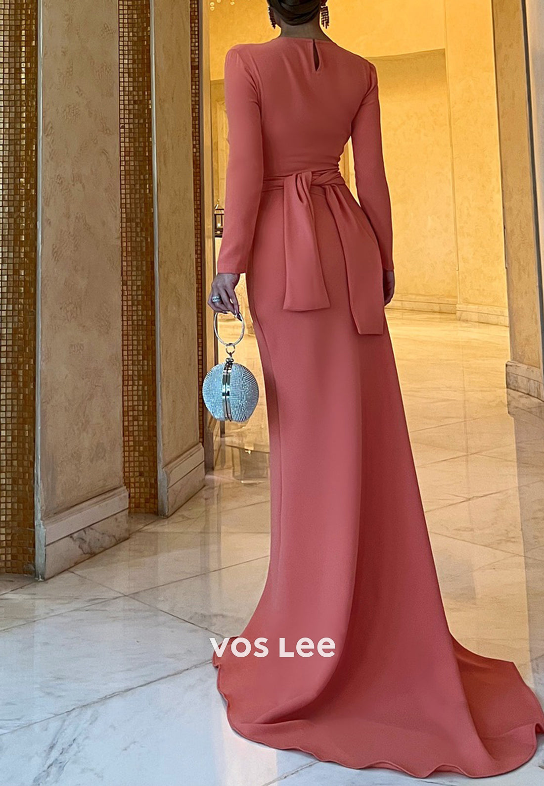 Long Sleeve Scoop Pleated Mermaid Evening Dresses with Sweep Train