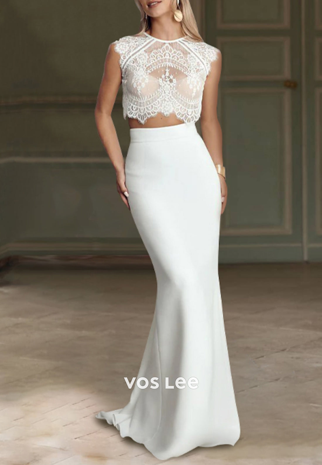 Two Pieces Illusion Neck Appliques Lace Floor-Length Sleek Mermaid Wedding Dresses