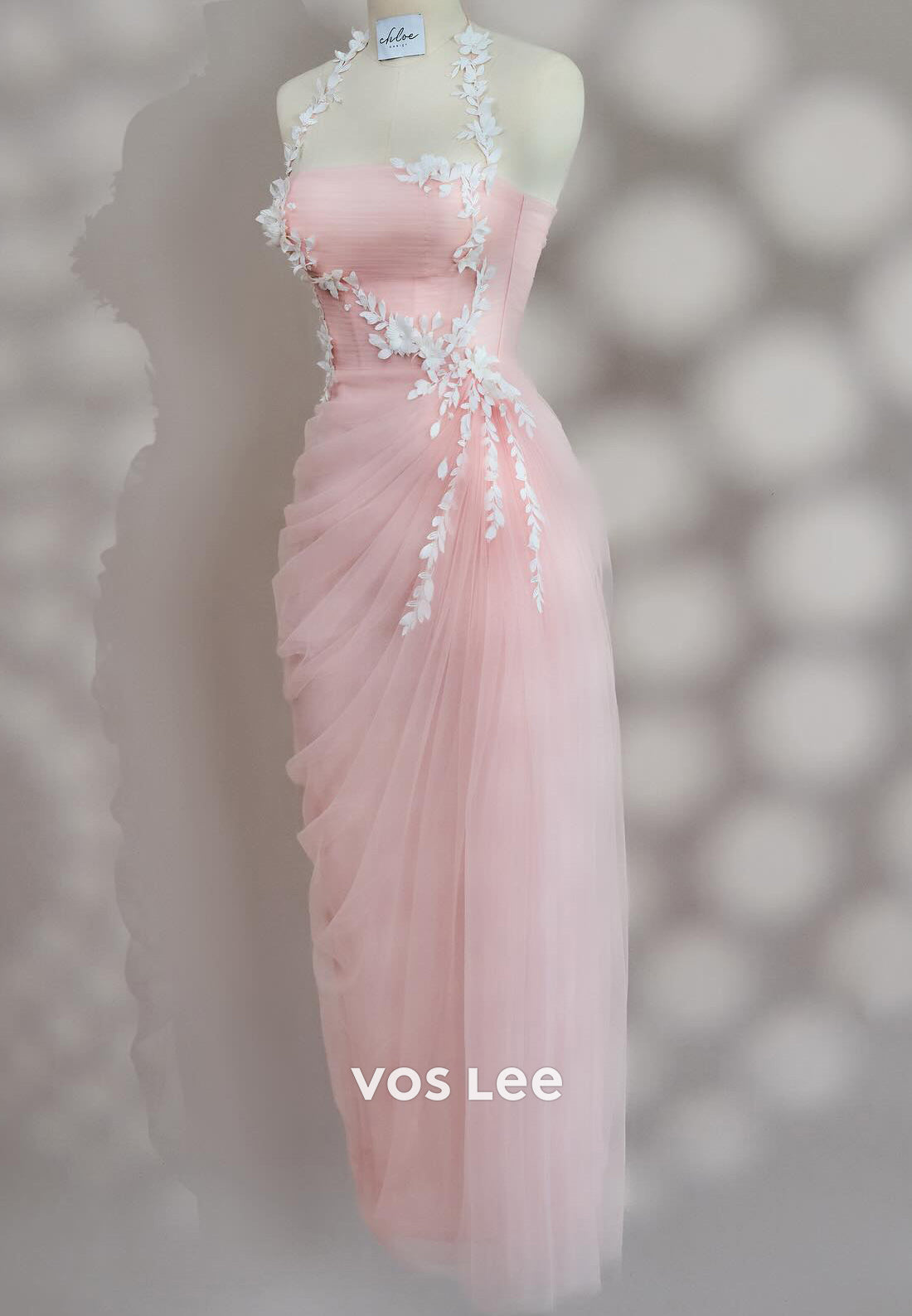Glamorous & Dramatic Halter Pleated Floral Embossed Mermaid Tulle Party Dresses
