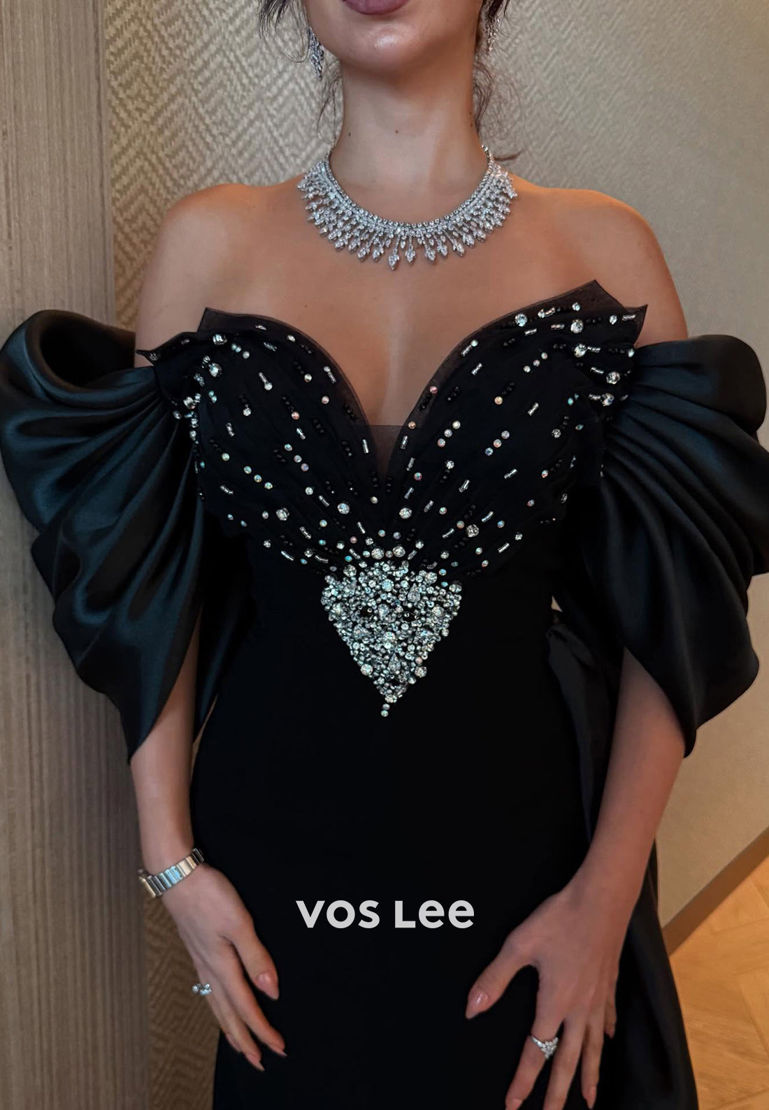 Short Sleeve V Neck Rhinestone Split Pleated Evening Dresses with Court Train