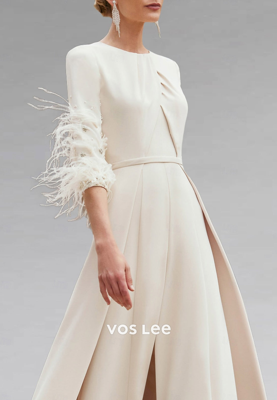 Half Sleeve Feather Scoop Pleated Mother of Bride Jumpsuit Dresses