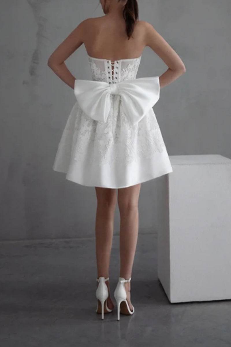 Strapless Lace Applique Short Wedding Dress with Oversized Bow Back