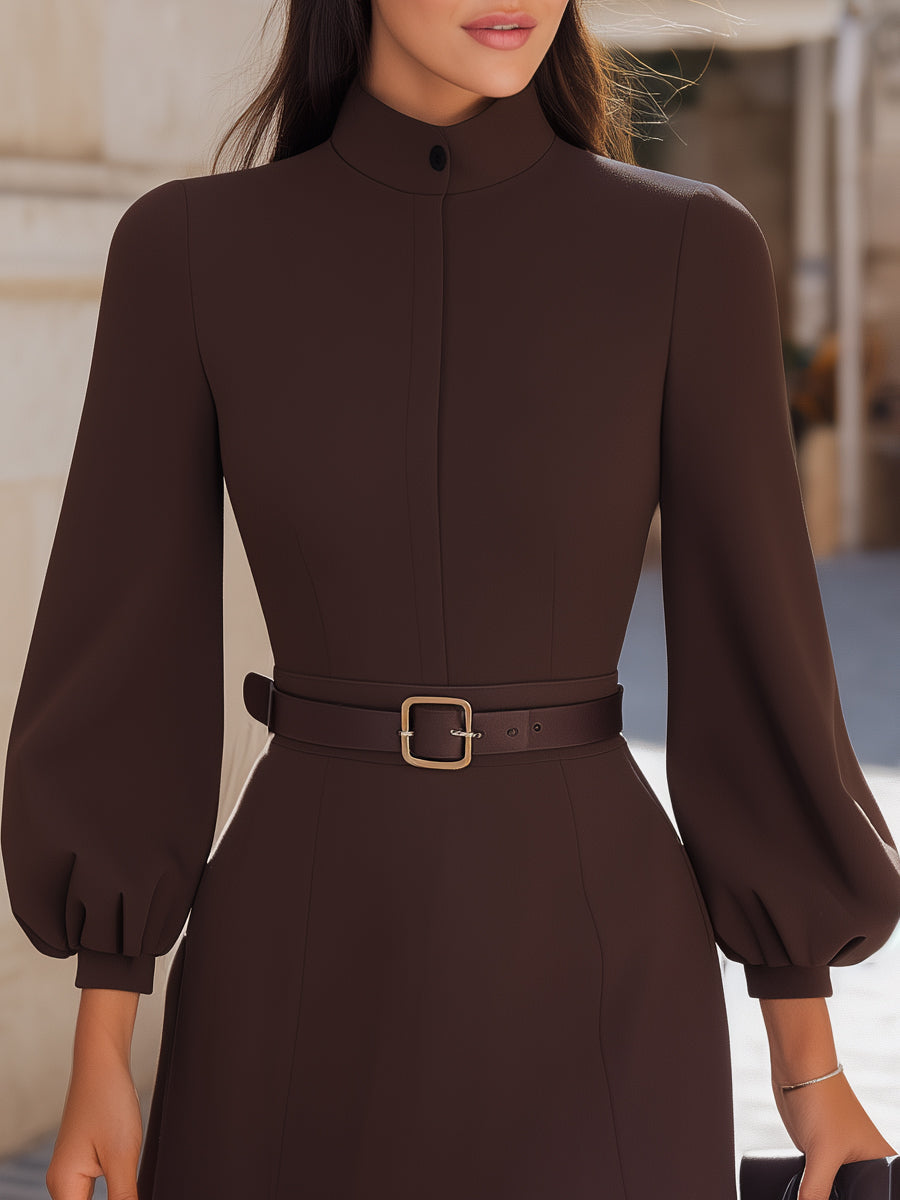 Long Bishop Sleeves Mini Dress With Belted Waist