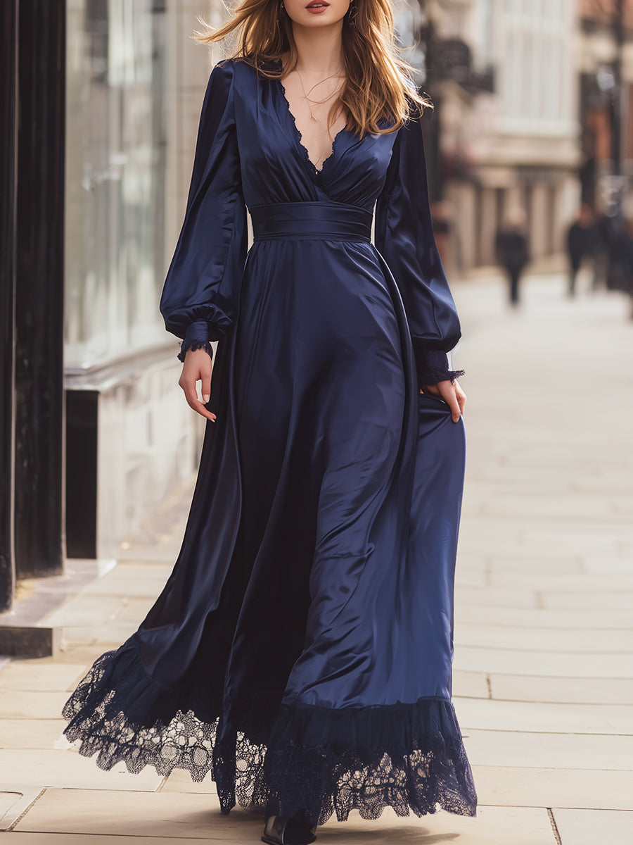 Midnight Navy Satin Maxi Dress With Lace Trim