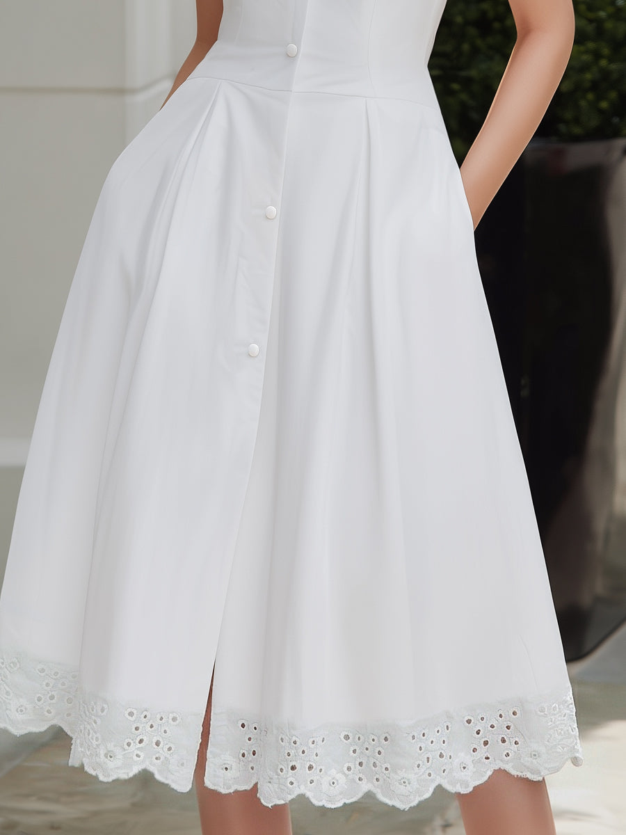 Sleeveless Button-Front Lace Hem Midi Dress