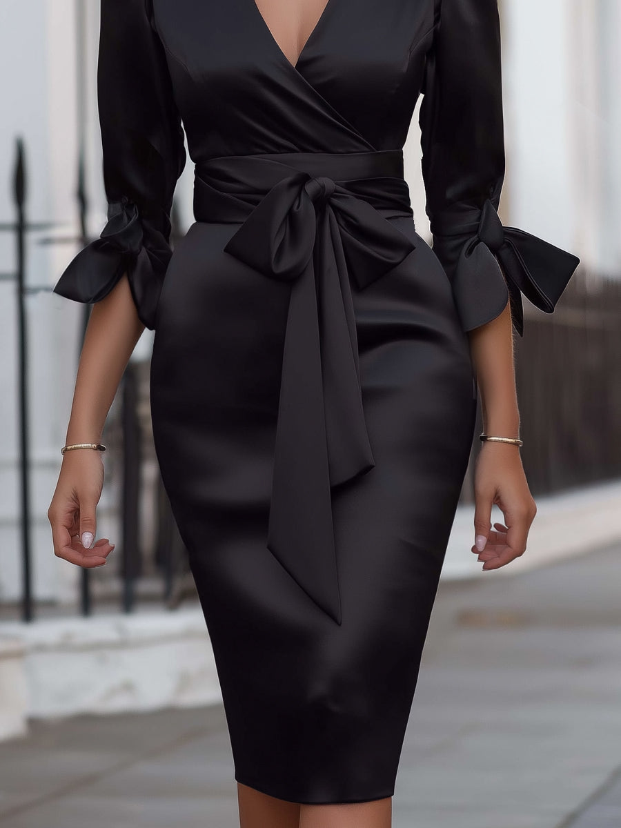 Satin Tie-Waist Midi Dress With Bow Cuff Sleeves