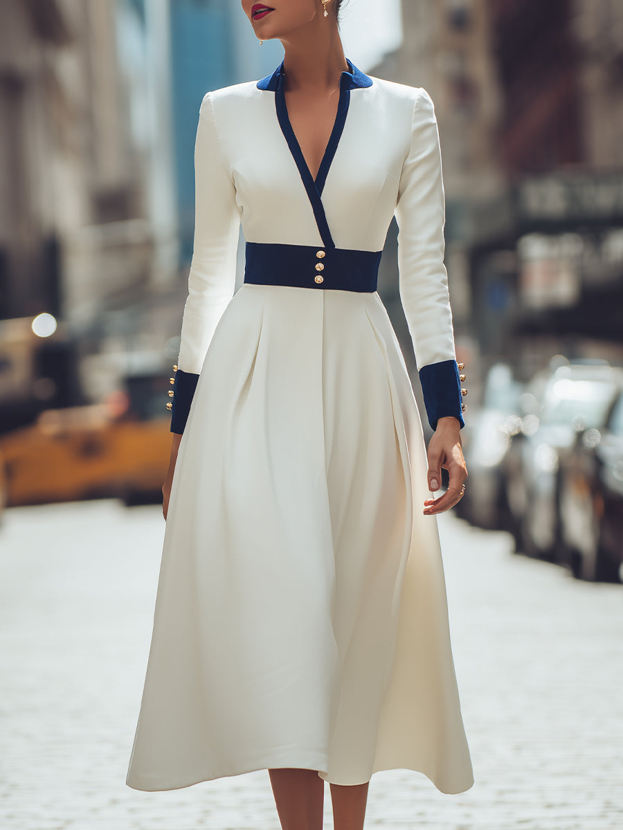Ivory And Navy Contrast Trim Midi Dress