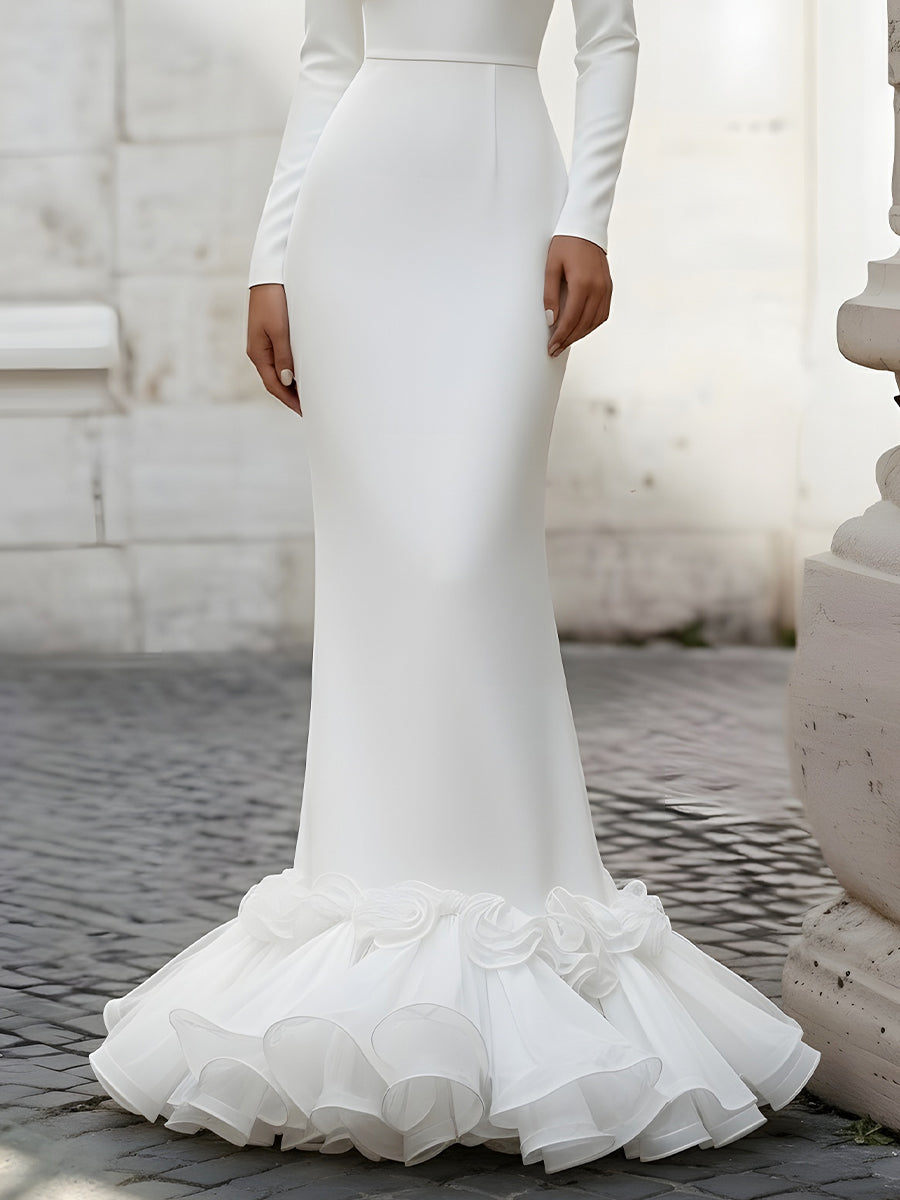 Long-Sleeve Gown With Organza Hem Ruffles