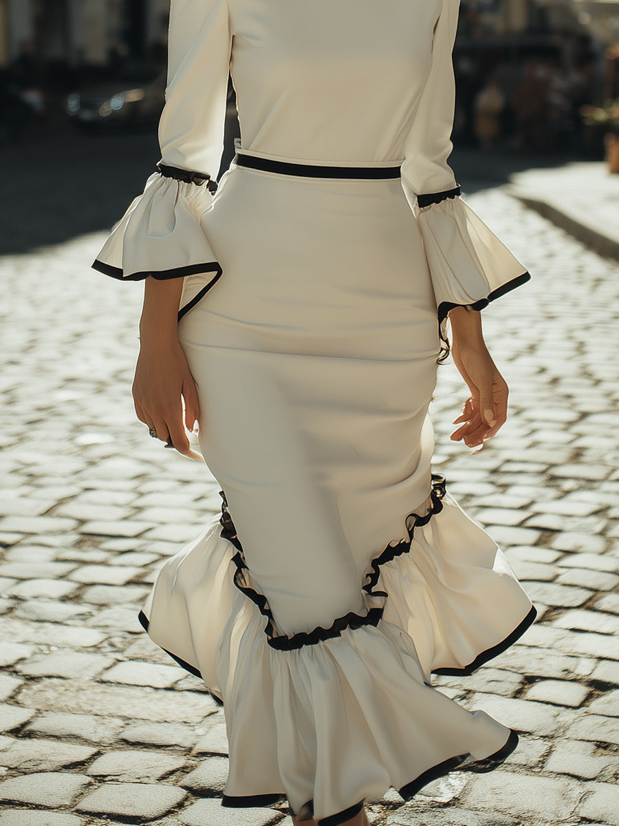 Ivory Flounce-Trim Midi Dress With Black Accents