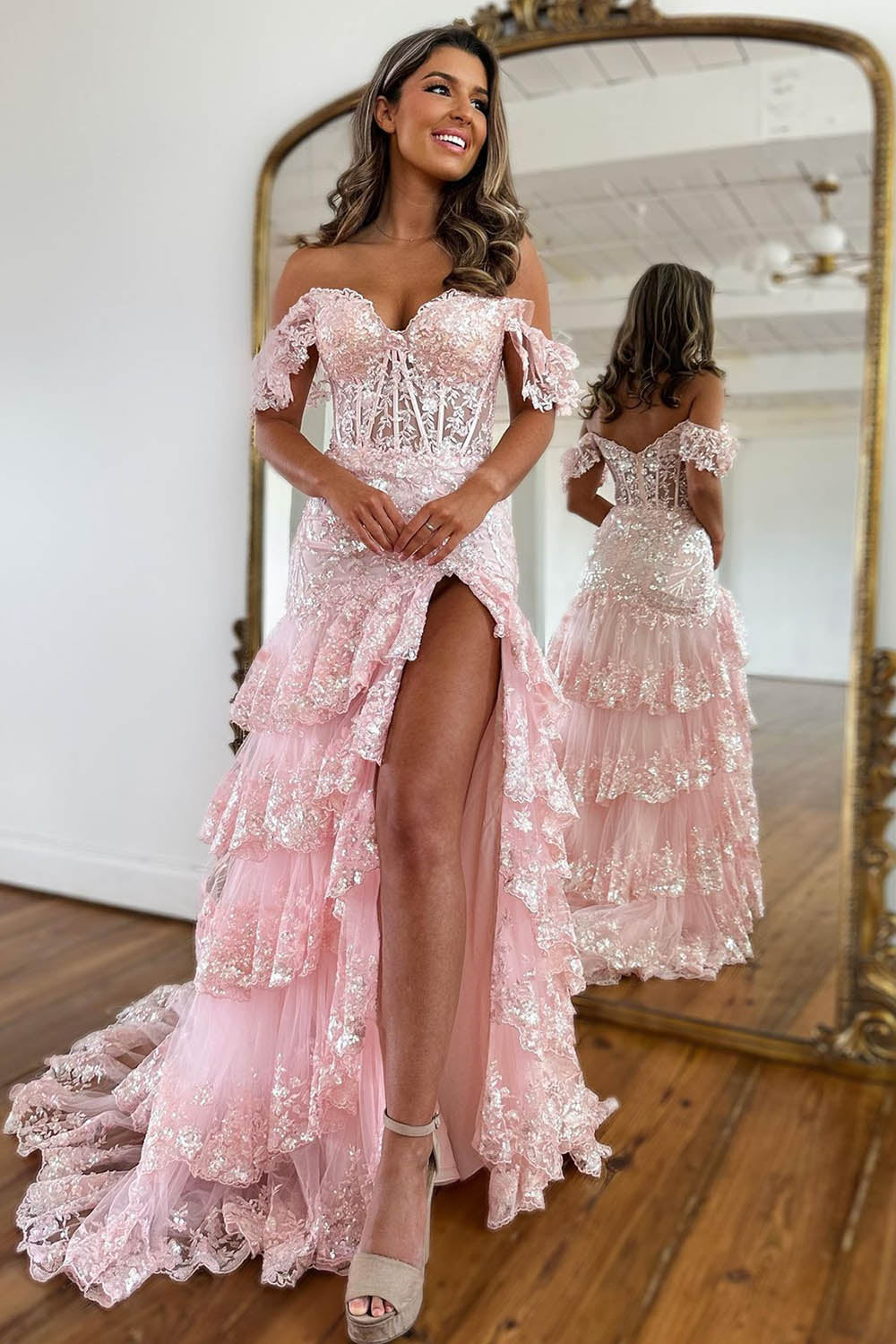 Ornate Off Shoulder A-Line Lace Appliques Tulle Sequins Prom Evening Dress