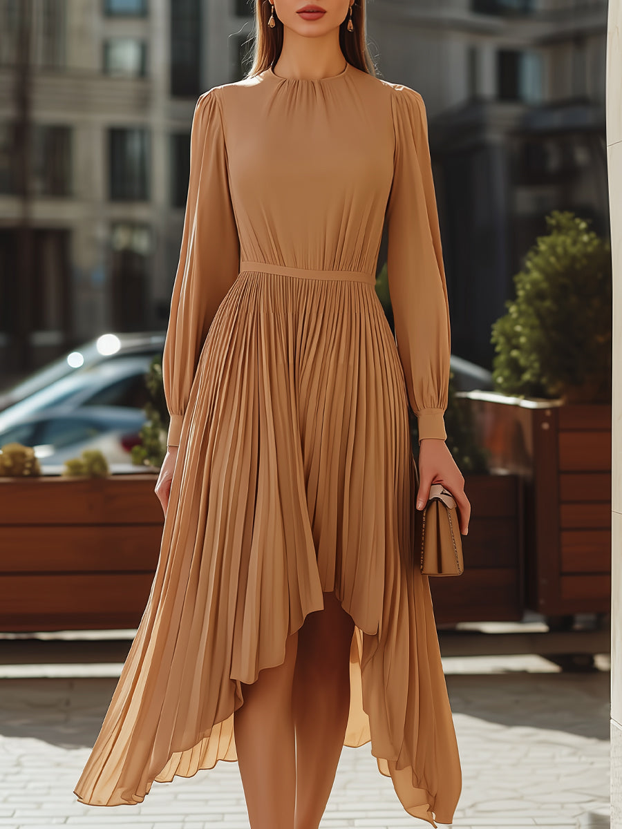 Elegant Pleated High-Low Midi Dress