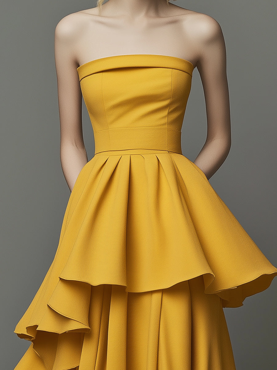 Golden Tiered Grace: Strapless Ruffle Gown
