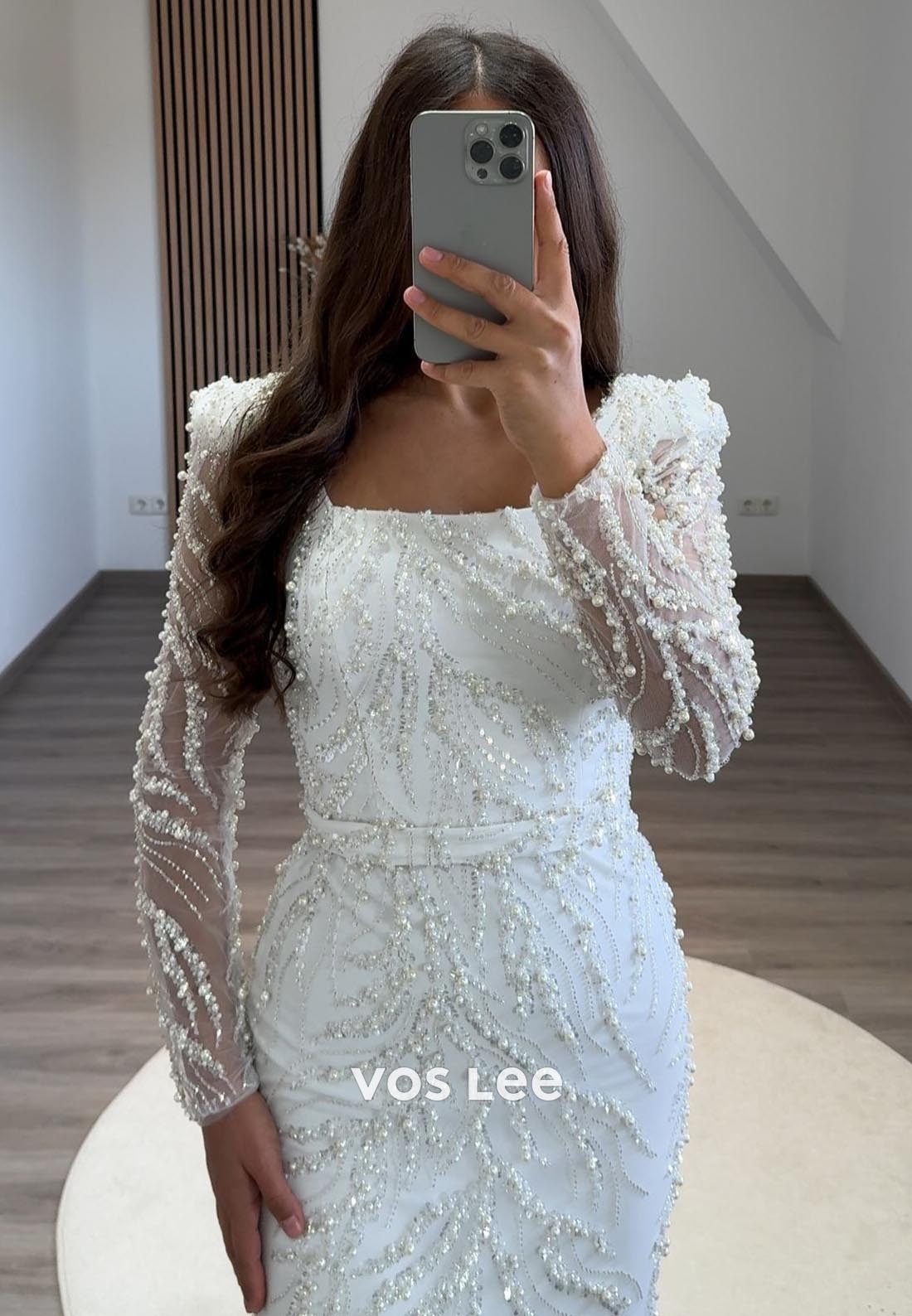 Long Sleevees Allover Lace Pearl Mermaid Midi Formal Dresses