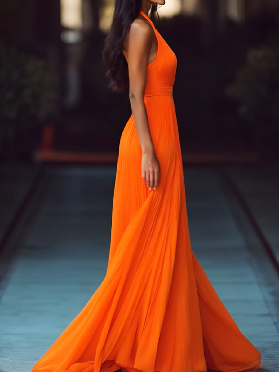 V-neck Halter Pleat Maxi Dress Wedding Guest Dresses