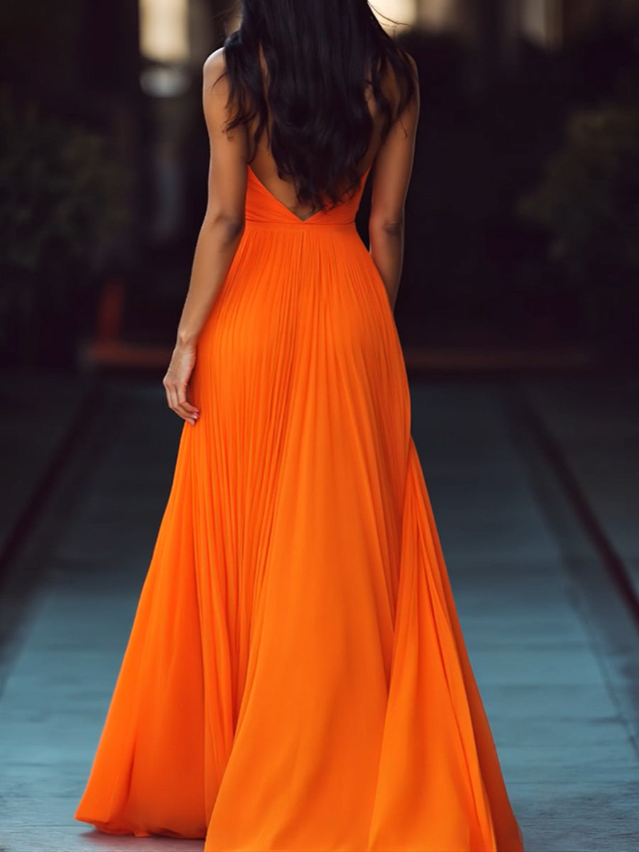 V-neck Halter Pleat Maxi Dress Wedding Guest Dresses