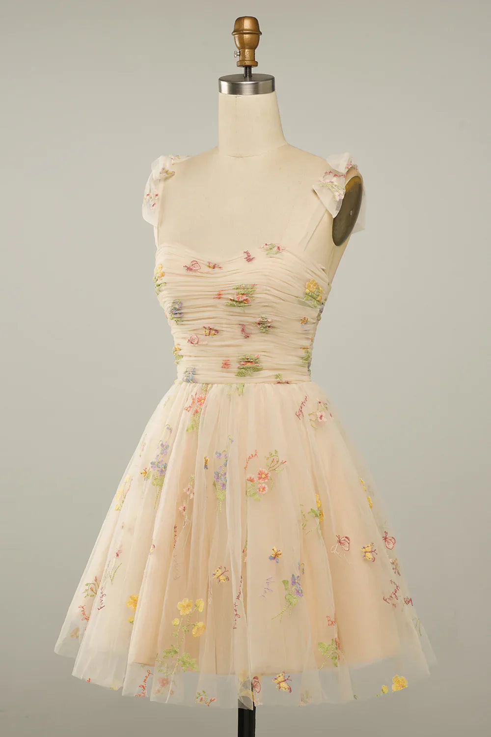 A Line Spaghetti Straps Champagne Short Homecoming Dress with Embroidery