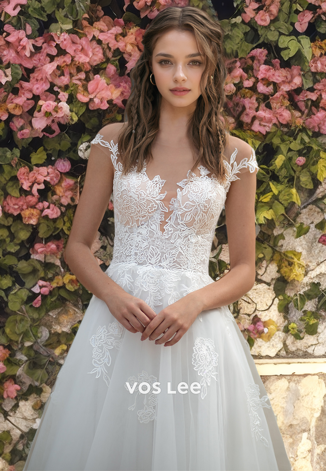 A-Line V-Neck Tulle Beach Wedding Dress with Appliques
