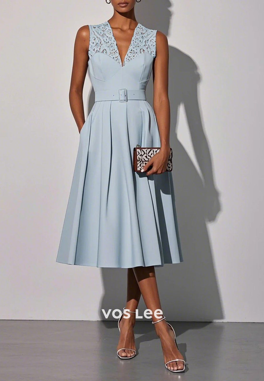 Sky Blue A-Line Illusion V Neck Tea-Length Pleated Party Dresses Wedding Guest Dresses