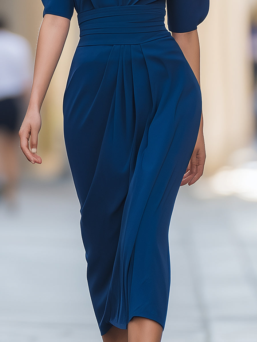 Midnight Draped Mandarin Collar Midi Dress