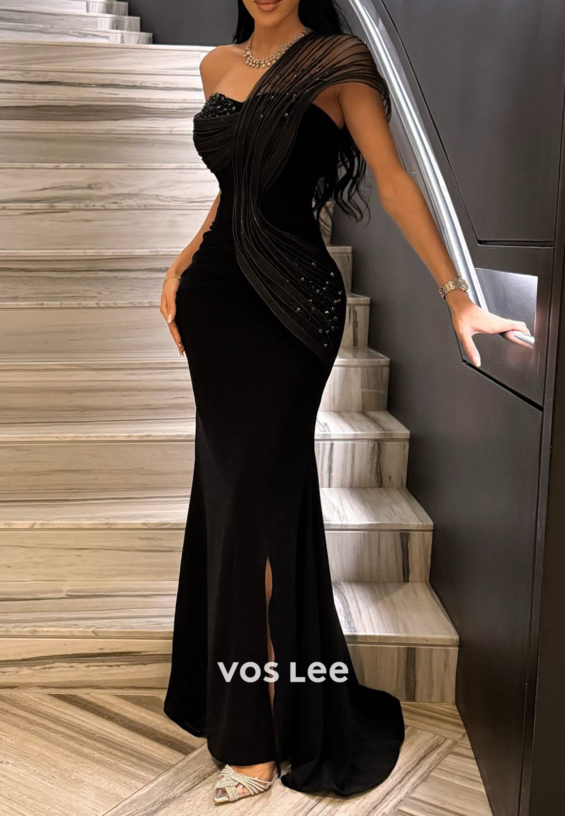 One Shoulder Rhinestone Embellished Pleated Mermaid Evening Dresses with High Split
